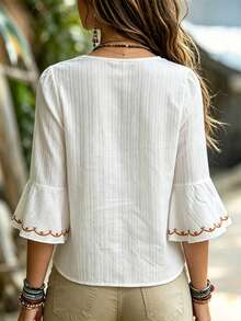 SHEIN Top casual para mujer estilo Cottage Core Boho Old Money vintage con estampado floral, patchwork de encaje, blanco, para vacaciones, otoño, picnic y brunch - Blanco - Ver 3