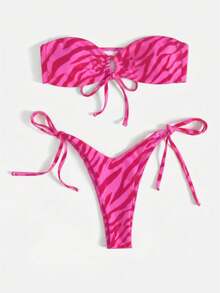 SHEIN Swim 女款夏季海灘斑馬紋性感比基尼三角泳褲泳衣套裝 - 粉色 - 查看 3