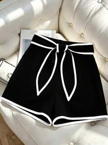 GlowEve CURVE Plus Size Casual Elegant Versatile Color Block Shorts For Women Beach Vacation Black And White Summer - Black and White - View 4