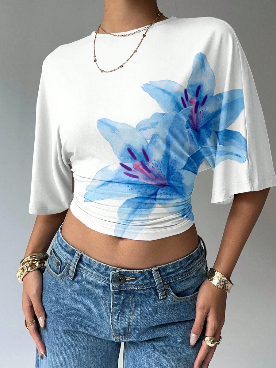Aloruh Women's Solid Color Round Neck Batwing Sleeve Ruched Design Cropped Fashionable Top - White - View 1