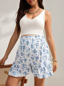 SHEIN Maternity Floral Print Vacation Elastic Waist Ruffle Hem Shorts Gender Reveal White Summer Casual - Blue and White - View 6