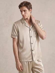 EverLounge 男士撞色单排扣短袖上衣和裤子休闲家居服套装 - 香檳色 - 查看 3