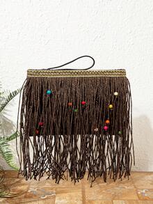 SHECARRY 女士時尚棕色草編手拿包，彩色珠飾流蘇包，適合夏季度假、旅行、海灘、海邊、波希米亞風 - 深棕 - 查看 1