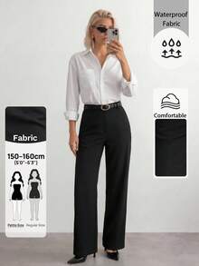 SHEIN ICON 女款休閒極簡黑色拉鍊開襟寬鬆直筒長褲，適合日常穿著、冬季女裝、老錢風、高腰、復古工裝風、商務休閒女裝、辦公室商務女裝長褲、小個子女裝商務休閒 - 黑色 - 查看 13