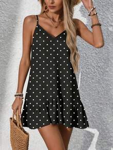 SHEIN Swim Basics 女款優雅圓點印花荷葉邊肩帶黑色海灘度假罩衫、女款優雅派對洋裝、女款復活節洋裝、女款休閒洋裝、女款短袖洋裝、女款黑色洋裝、女款度假洋裝、女款鄉村風洋裝、女款假日洋裝、女款性感洋裝、夏季海灘穿搭、泳池派對穿搭、音樂節穿搭、女款假日穿搭、母親節穿搭、夜店、週末、野餐、派對、高街時尚 - 黑色 - 查看 3