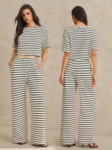 SHEIN Tall Women's Fashionable Versatile Striped Short Sleeve T-Shirt And Drawstring Waist Pocket Long Pants 2 Pieces Set,Summer Outfits For Women - Apricot - View 7