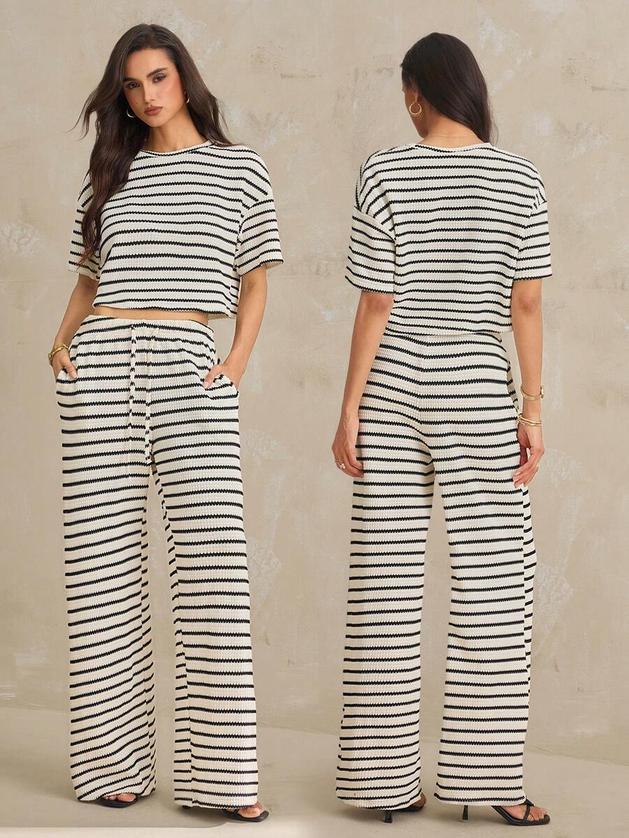 SHEIN Tall 女士时尚百搭条纹短袖T恤和抽绳腰带口袋长裤两件套 - 杏色 - 查看 1