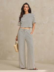 SHEIN Tall Women's Fashionable Versatile Striped Short Sleeve T-Shirt And Drawstring Waist Pocket Long Pants 2 Pieces Set,Summer Outfits For Women - Apricot - View 6