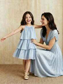 SHEIN Young Girl Cute Sweet Multi-Layer Ruffle Hem Round Neck Sleeveless Dress - Blue - View 1
