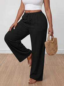 SHEIN PETITE CURVE CURVE 大尺碼女款小個子寬腿褲，黑色 Sommar 簡約休閒傳統日常高腰繫帶附口袋，適合秋季度假 - 黑色 - 查看 13