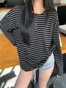 DAZY 春夏秋冬細條紋拼接撞色拼接上衣 音樂節休閒街頭戶外度假長袖女款T恤 - 深灰色 - 查看 5
