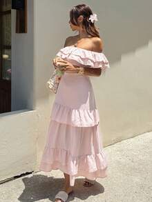 DAZY Off-Shoulder Rüschen-Mittelänge Urlaubs-Kleid für Frauen - Pink - Übersicht 5