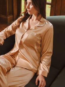 Bisouelle 女士翻领衬衫和裤子睡衣套装（2件套），秋冬服装 - 香檳色 - 查看 9