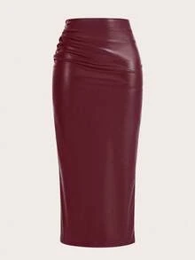 Qadelle Solid Color Pleated Back Zipper Slit Skirt Burgundy - Burgundy - View 3