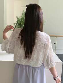 Dazy Plus Women's Wavy Lace Trim Loose Contrast Color Short Sleeve T-Shirt, Elegant Lace Top For Summer Casual Wear - White - View 2