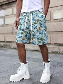 PAVTROS Men's Straight Casual Shorts With Jacquard Woven Pattern - Blue - View 5