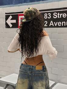 StreetHx Áo thun ngắn tay nữ thời trang in chữ nhiều màu sắc, kiểu dáng bất đối xứng, vai lệch. - Màu be - Xem 2