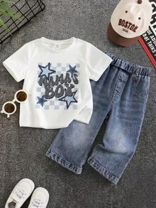 SHEIN 2件套男女宝宝休闲白色T恤和喇叭牛仔裤套装，夏季 - 彩色 - 查看 5