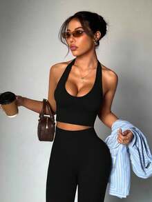 Easithlete 大尺碼女款掛脖上衣與緊身褲運動套裝 - 彩色 - 查看 2