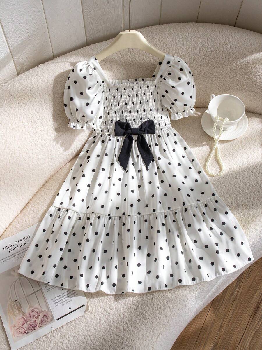 SHEIN Elladie kids 1pc Girls Polka Dot Print Square Collar Petal Sleeve Dress, Cute & Fashionable Beach Dress For Summer Vacation - Black and White - View 1