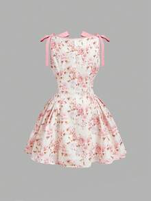 SHEIN MOD Plus Size Elegant Floral Print Bow Decor Waist Sleeveless Short Dress, Summer - Pink - View 2