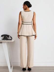 MaterniWear Khaki Color-Blocked Black Piping Waistband Vest And Pants Set With Adjustable Elastic Waistband, Perfect For Summer Commuting And Maternity Use. - Khaki - View 8