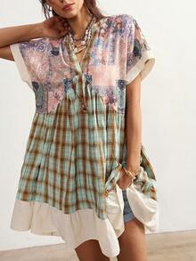 Bohemela Women's Patchwork Plaid Cashew Pattern Loose Casual Mini Dress - Multicolor - View 7