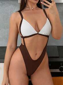 Swim SXY 1件女款優雅復古性感鏤空黑白拼接連身泳衣，適合海灘、泳池派對與度假 - 棕色 - 查看 3
