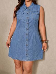 SHEIN CURVE+ CURVE+ Plus Size Women's Sleeveless Denim Shirt Dress, Casual Everyday & Summer Dresses For Women - Light Wash - View 6