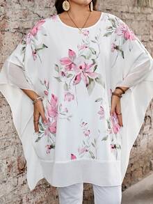 EMERY ROSE Plus Size Women Floral Print Batwing Sleeve Loose Blouse Fall - Multicolor - View 7