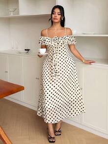 Modelyn Große Größen Polka Punkt Chiffon geschichtetes A-Linien Reißverschluss Volant Saum Casual Elegantes Kleid für Frauen - Aprikosenfarben - Übersicht 5