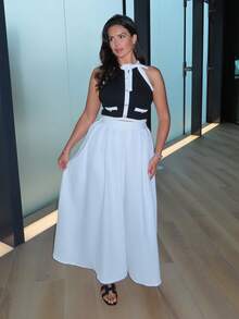 MDEdit Casual Elastic Waist Pleated Solid Color A-Line Skirt For Women - White - View 3