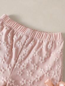 SHEIN 女婴夏季粉色无袖纹理上衣和短裤套装，饰有粉色蝴蝶结，日常必备单品 - 粉色 - 查看 9