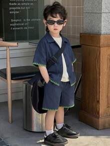 Dazy Kids Young Boy Floral Trim Short Sleeve Shirt And Shorts Casual Set Summer - Navy Blue - View 5