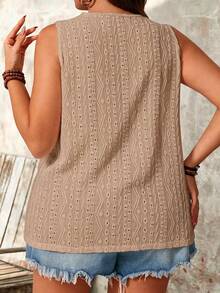 SHEIN LUNE Camiseta sin mangas de mujer talla grande de unicolor con parches de encaje y cuello redondo - Camel - Ver 2