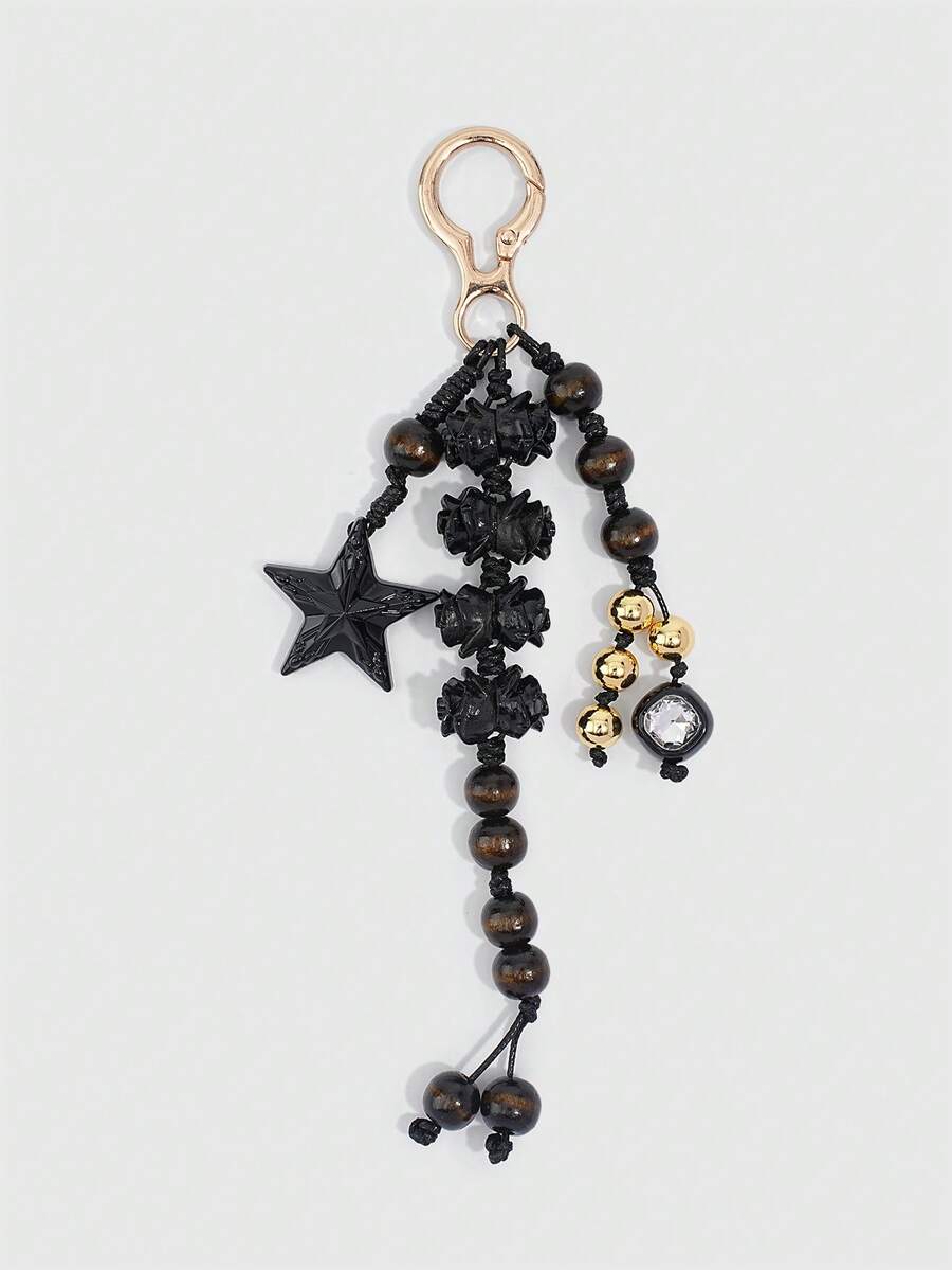 ROMWE Kawaii 1 Buah Gantungan Kunci Tas Manik-Manik Warna-warni Gaya Dopamin Musim Semi/Panas, Liontin Tas Tali Anyaman, Ornamen Gantung DIY - Hitam - View 1