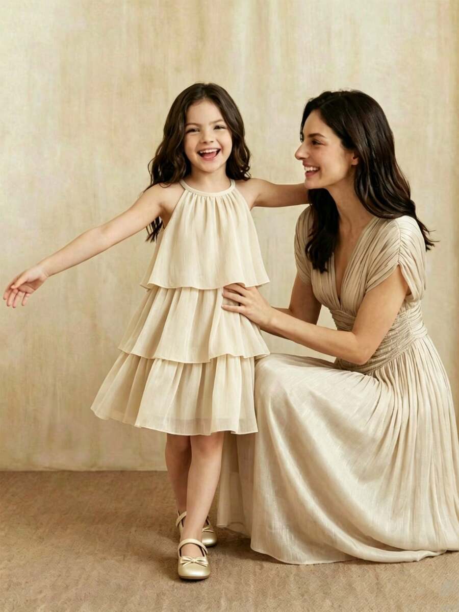 SHEIN Young Girl Summer Elegant Minimalist Solid Color Ruffle Neck Dress - Apricot - View 1