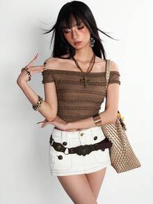 Rina Fox Blusa corta con hombros descubiertos, encaje y volantes en color caqui para mujer - Café integral - Ver 1