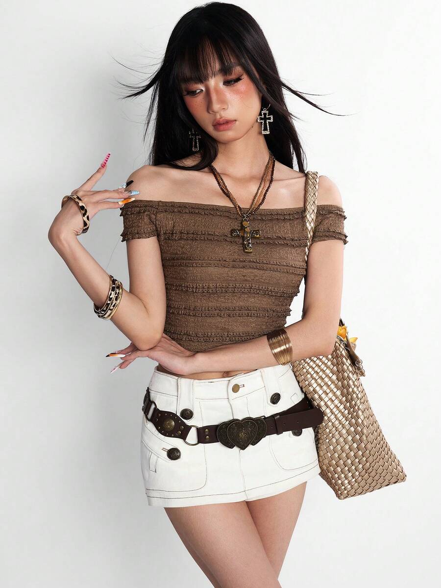 Rina Fox Blusa corta con hombros descubiertos, encaje y volantes en color caqui para mujer - Café integral - Ver 1