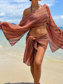 Opulessa Women's Beach Vacation Style Color Block Striped Pattern Two-Piece Swimsuit Set - Multicolor - View 5