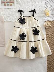 SHEIN Elladie kids 少女简约时尚3D花卉装饰波浪条纹撞色滚边吊带连衣裙，休闲夏季装扮 - 彩色 - 查看 5
