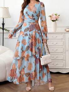 2026 Nuevo vestido largo de moda con estampado floral, volantes en el bajo, cintura ceñida y gran elasticidad, vestido de vacaciones, vestido plisado, vestido floral para mujer - Celeste - Ver 2