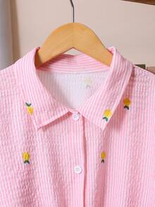 2pcs Girls Striped Textured Fabric Short Sleeve Shirt And Casual Pants Set - Pink - View 4
