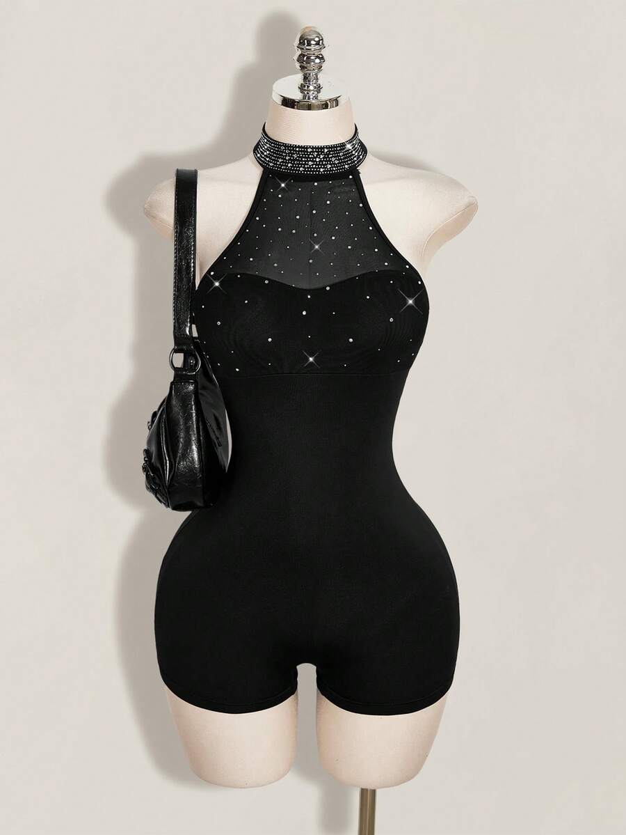 SHEIN ICON Women's Rhinestone Decor Halter Neck Romper Unitard - Black - View 1