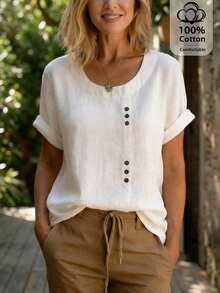 EMERY ROSE Women's Solid Color Round Neck Casual Daily Button Decorated Short Sleeve Shirt - White - View 4