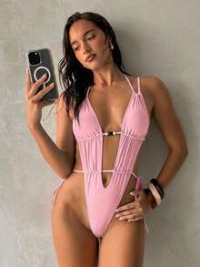 Aloruh Women's Solid Hot Pink Swimsuit, Structured Sexy Tropical Elegant One-Piece Retro Bohemian Beaded Decoration Beach Vacation Outfit Summer - Baby Pink - View 7