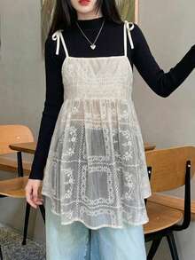 DAZY 女士夏季休闲纯色刺绣吊带背心 - 杏色 - 查看 4