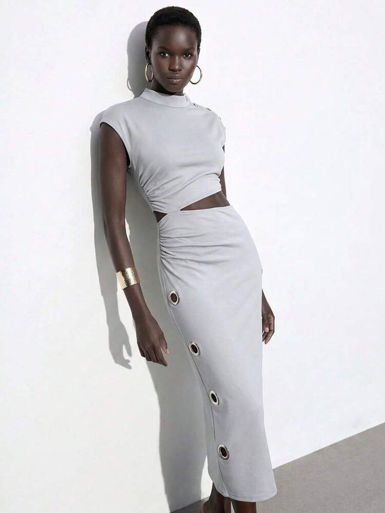 SHEIN Maija Women's Light Grey Chic Summer Elegant Metal Decor Backless Dress,Night Out Outfits Festival,Party Wedding Guest,Graduation,Beach Holiday Dresses