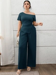 Feyla Conjunto de 2 piezas de top asimétrico y pantalones de unicolor casual y de oficina en talla grande - Agua verde azul - Ver 6