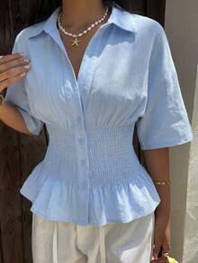 SHEIN EZwear Women's Light Blue Ruffle Button Down Shirt With Ruffle Hem,Summer Top - Baby Blue - View 6
